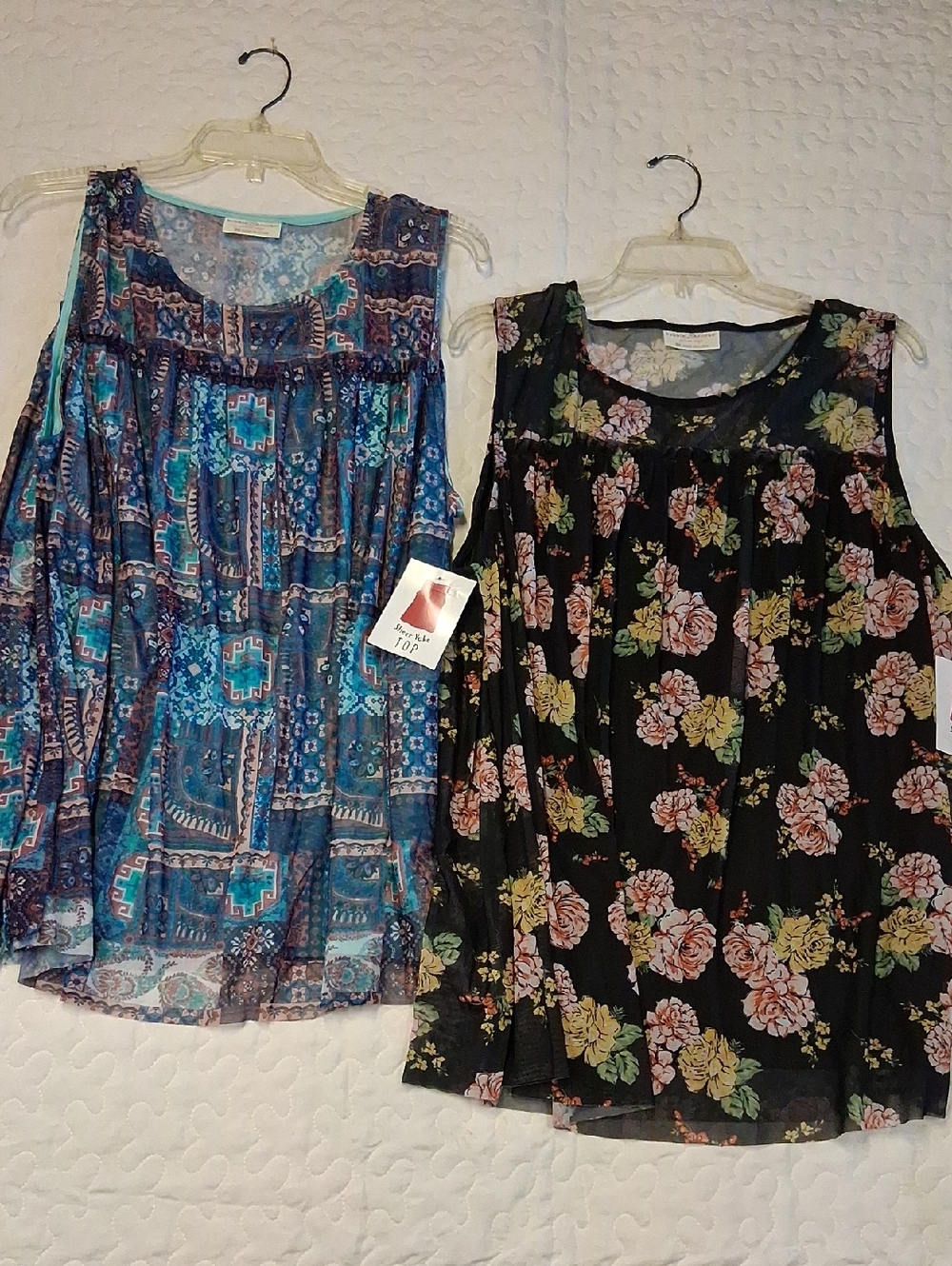 Bobbie Brooks Black Floral & Blue Geometric Sleeveless Chiffon Sheer Top,3X NWT.